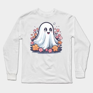 Kawaii Halloween Ghost in Floral Garden Long Sleeve T-Shirt